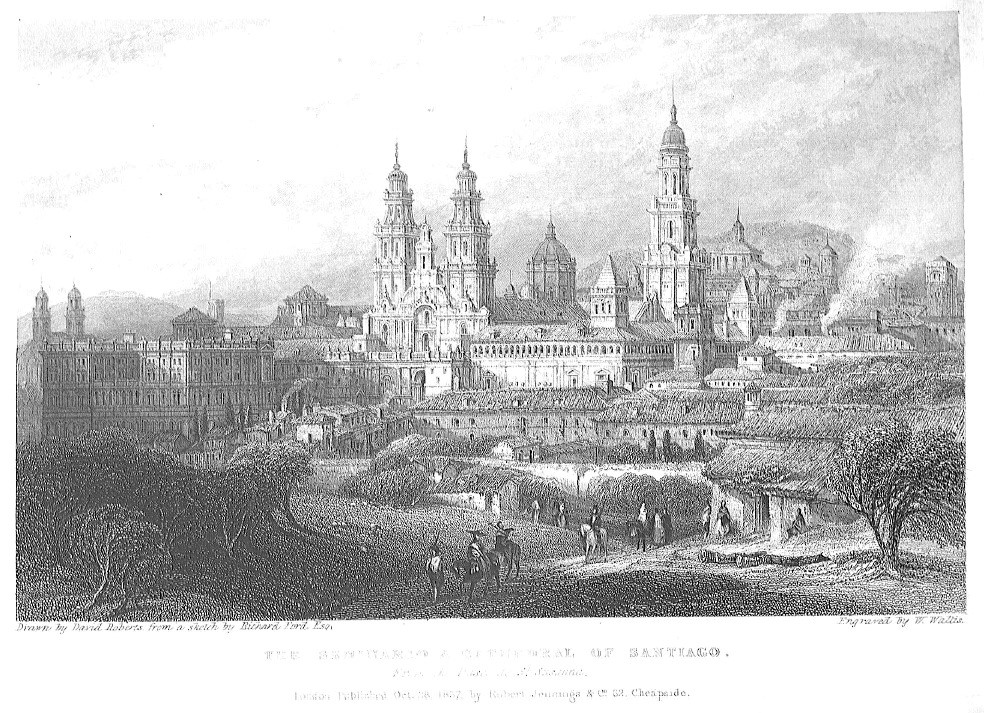 O seminari e a Catedral de Santiago. Desde o paseo de Santa Susana. Debuxo de David Roberts a partir dun bosquexo de Richard Ford