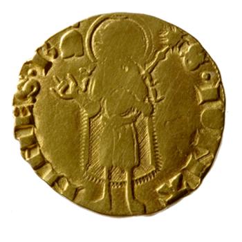 Florín de ouro de Pedro IV de Aragón. Perpiñán. 1336-1387. Procedencia: mosteiro de Carboeiro (escavación arqueolóxica). 