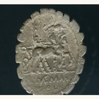 Denario serrado da familia Memmia (L. Memmius Galeria) (106 a.C.) Reverso. Prata. República de Roma. Castromaior (Lugo)