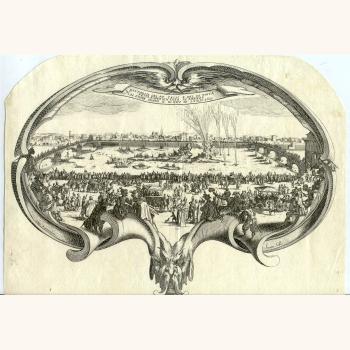 Festividade de Santiago en Florencia [Batalla do rei tessi e del rei Tinta. Festa representada en el Arno o 25 de xullo de 1619]. Augaforte. Grabador e debuxante: Jacques Callot. Grabador y editor: Henri Bonnart. 1619