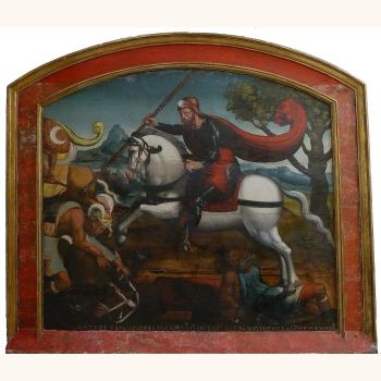 Santiago na batalla de Clavijo. Óleo sobre táboa. Atribuido a Juan de Borgoña de Toro. Castela. 1550[ca]